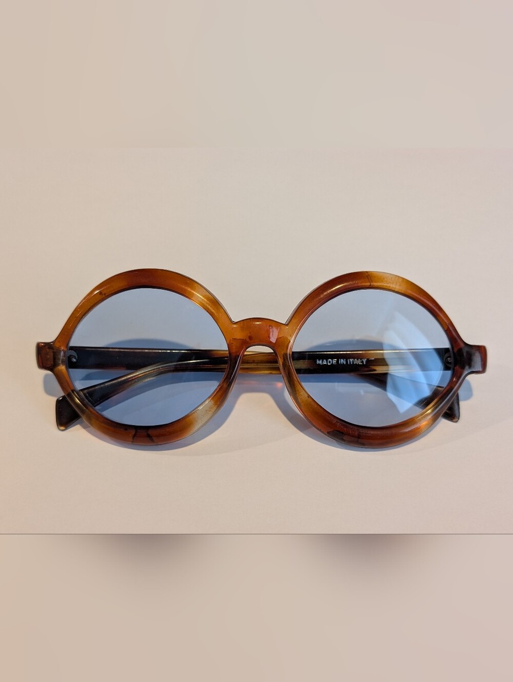 Vintage 1960's MOD Oval Tortoise Shell Blue Lense Sunglasses Made In Italy WOW!